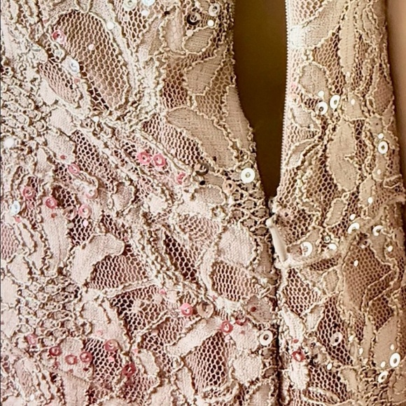 Scarlett Nite Floral Sheath Dress 8P Tan Gray Layered Lace Metallic Cap Sleeves - Picture 7 of 15